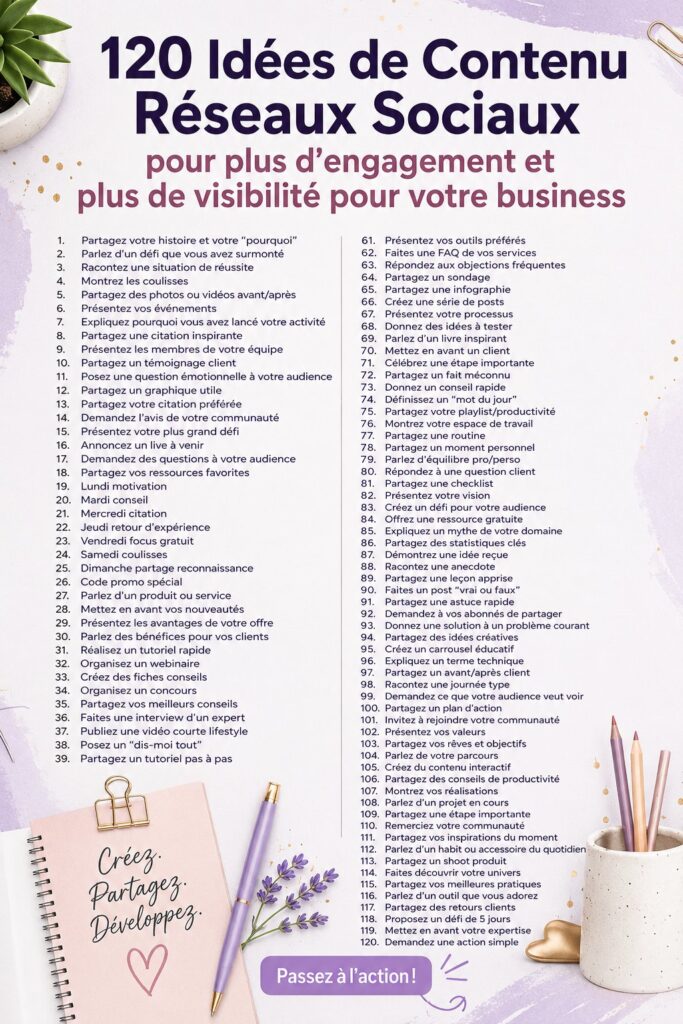 Un tableau avec 120 idées de contenu engageant pour les réseaux sociaux
