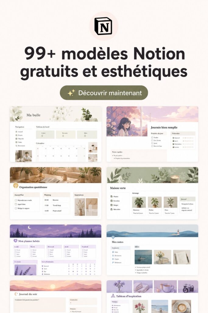 Modèles Notion esthétiques et pratiques sur un écran d'ordinateur
