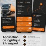 Illustration d'une application logistique sur un smartphone avec des graphiques de suivi des livraisons.