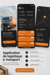 Illustration d'une application logistique sur un smartphone avec des graphiques de suivi des livraisons.