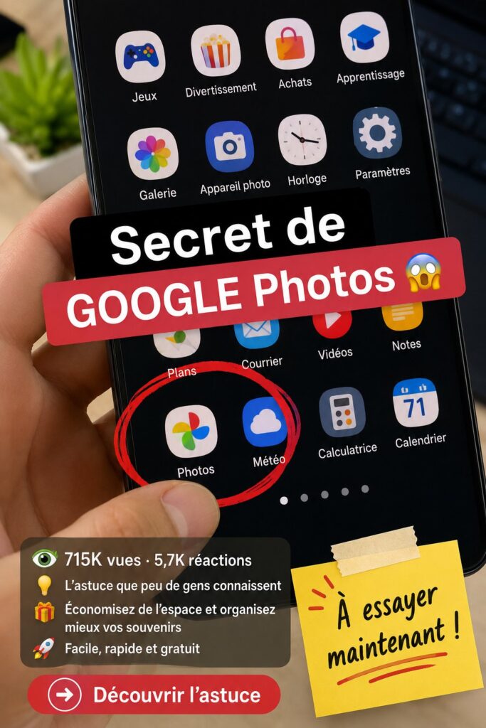 Femme utilisant Google Photos sur un smartphone pour organiser ses images.