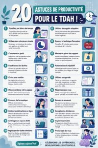 Femme en train de planifier sa journée, entourée d'outils de gestion du temps et de productivité.