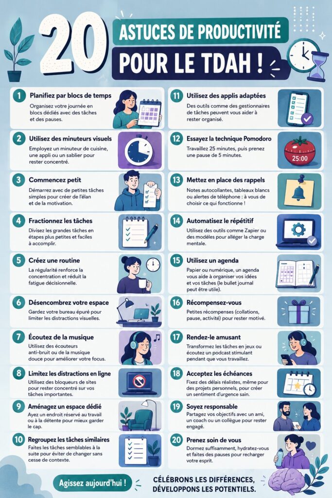Femme en train de planifier sa journée, entourée d'outils de gestion du temps et de productivité.