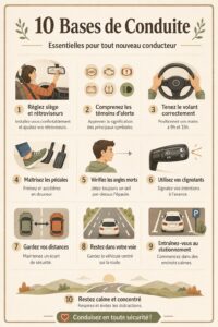 Une femme souriante assise au volant de sa voiture, prête à conduire.
