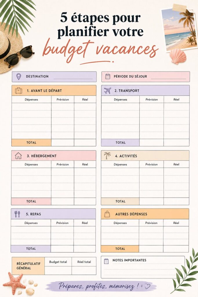 Femme planifiant un budget vacances sur une table avec un ordinateur et des documents.