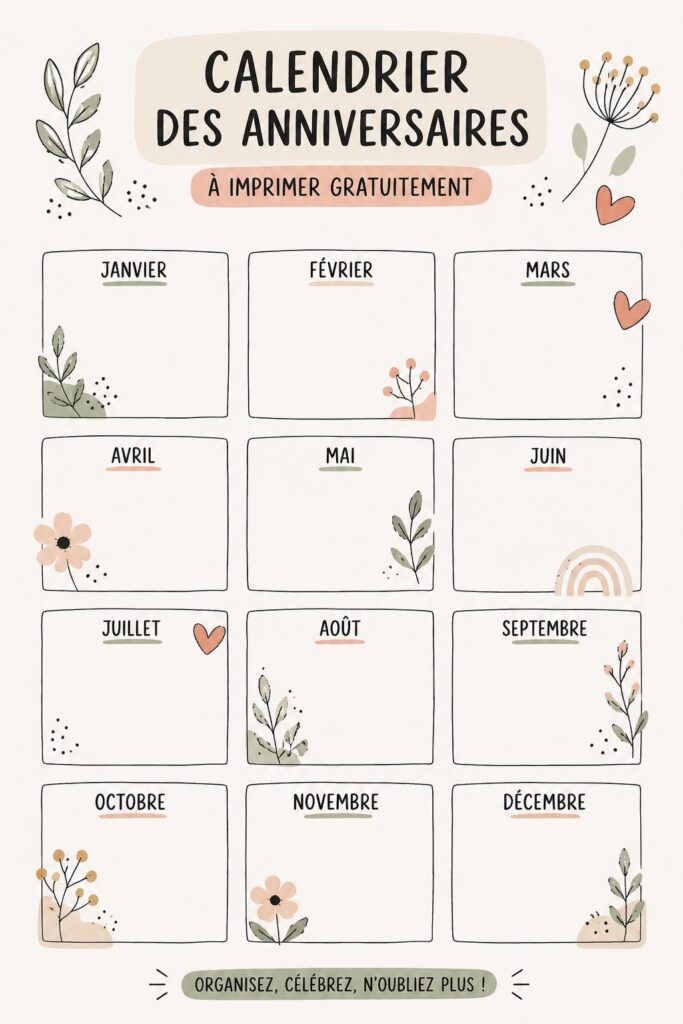 Calendrier d'anniversaires imprimable sur un bureau