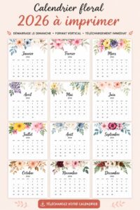Calendrier floral 2026 avec un design vertical à imprimer