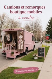 Un camion boutique coloré garé dans un parc, prêt à vendre des produits artisanaux.