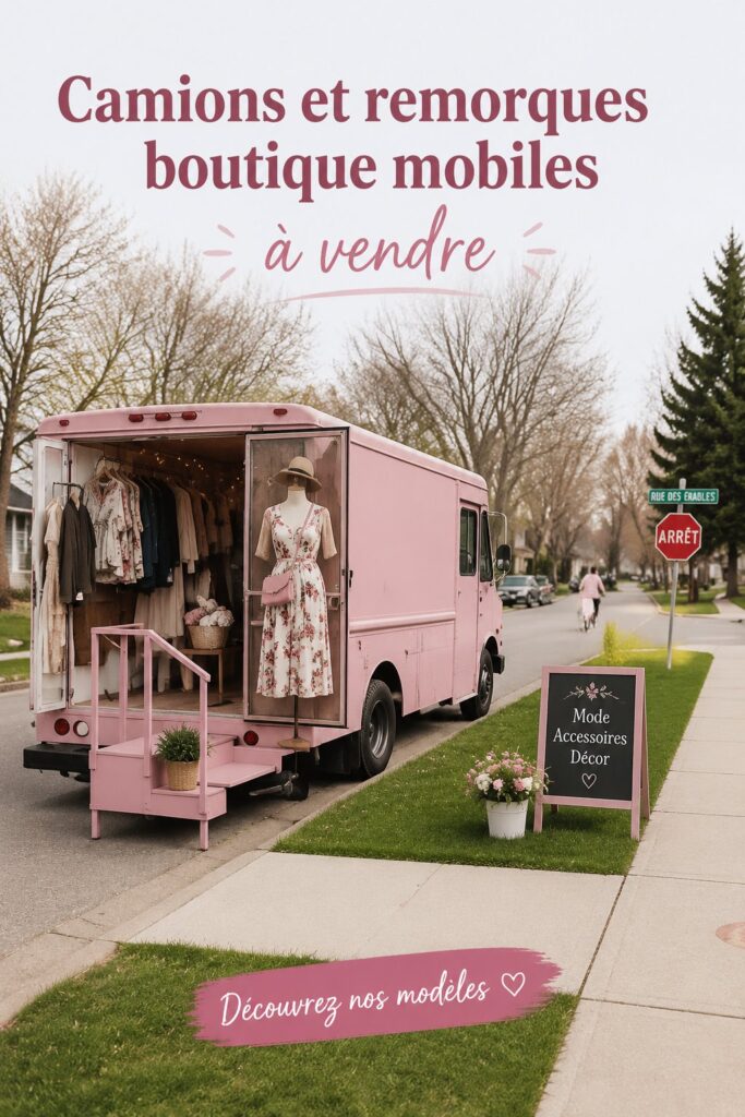 Un camion boutique coloré garé dans un parc, prêt à vendre des produits artisanaux.