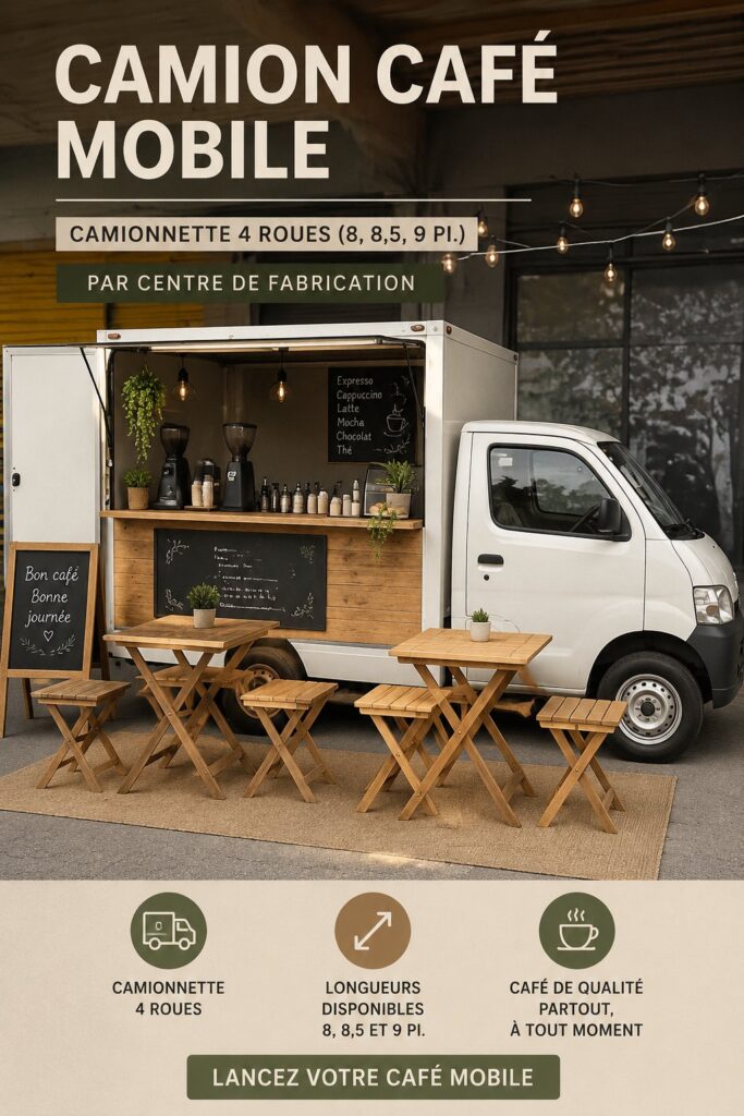 Camion à café mobile dans un événement festif, prêt à servir des boissons chaudes.
