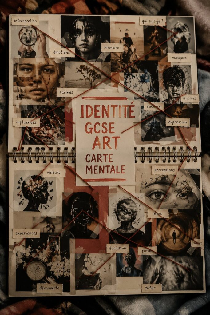 Une carte d'identité artistique avec des illustrations colorées, représentant divers styles et thèmes.