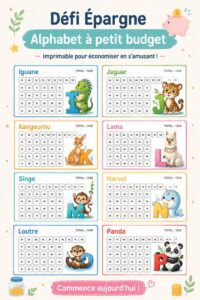 Une illustration colorée représentant le challenge d'épargne alphabet