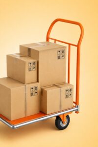 Chariot métallique rempli de boîtes prêtes à être transportées, illustrant une solution de rangement efficace.