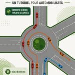 Femme conduisant en toute confiance dans un rond-point avec des véhicules autour d'elle.