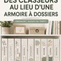 Un bureau organisé avec des classeurs en bois, une ambiance chaleureuse et pratique.