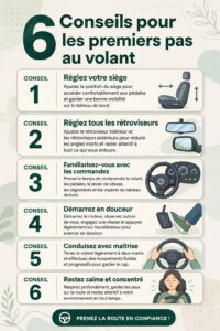 Une femme souriante au volant, prête à commencer sa première expérience de conduite.