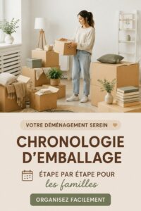 Une famille souriante en train de faire ses cartons pour un déménagement tout en s'organisant.