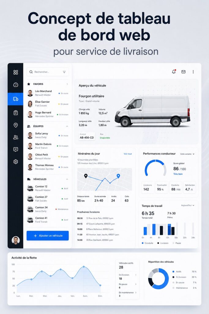 Exemple de tableau de bord web pour un service de livraison