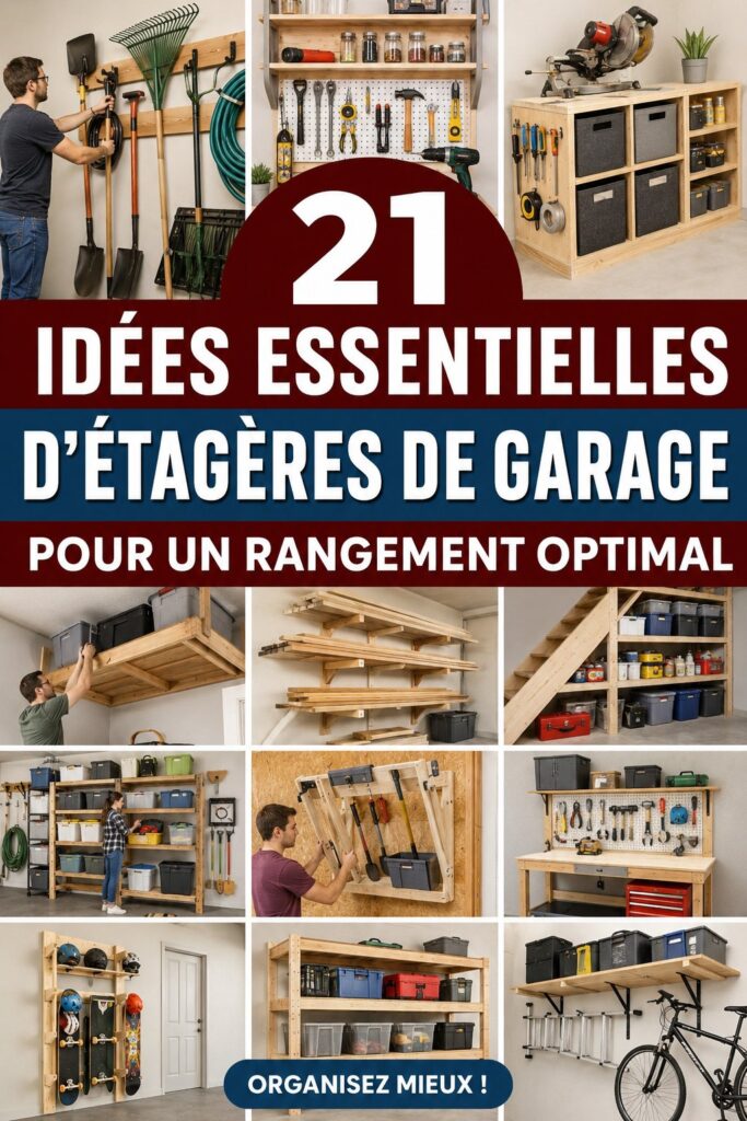 Etagères DIY en bois installées dans un garage bien organisé.