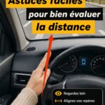 Femme au volant en train de juger la distance de sa voiture sur la route.