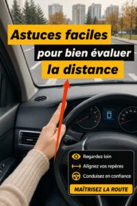 Femme au volant en train de juger la distance de sa voiture sur la route.