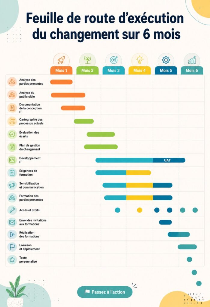 Une feuille de route illustrant un processus de changement organisationnel sur 6 mois