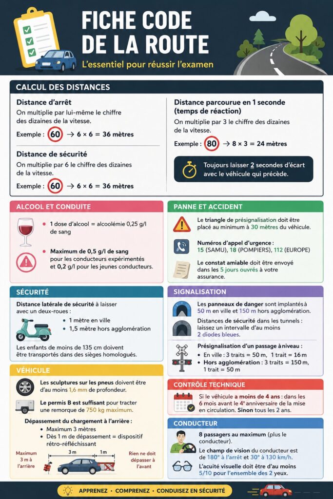 Une fiche de code de la route présentant ses sections importantes