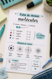 Fiche de révision esthétique représentant des molécules en physique et chimie.