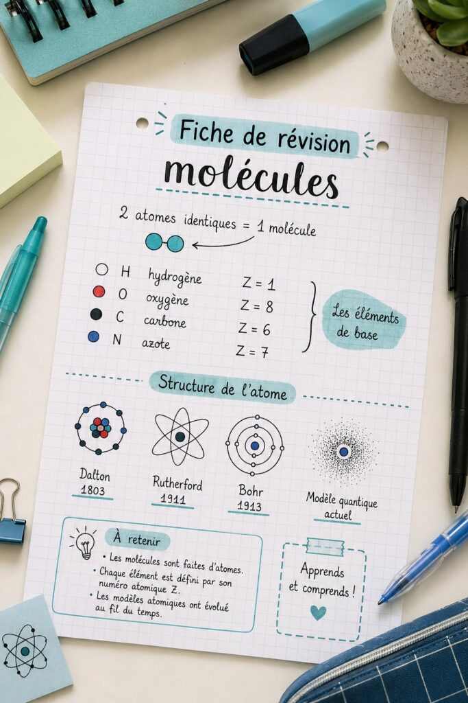 Fiche de révision esthétique représentant des molécules en physique et chimie.