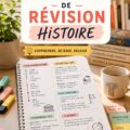 Fiche de révision d'histoire sur une table en bois, outils de bureau autour.