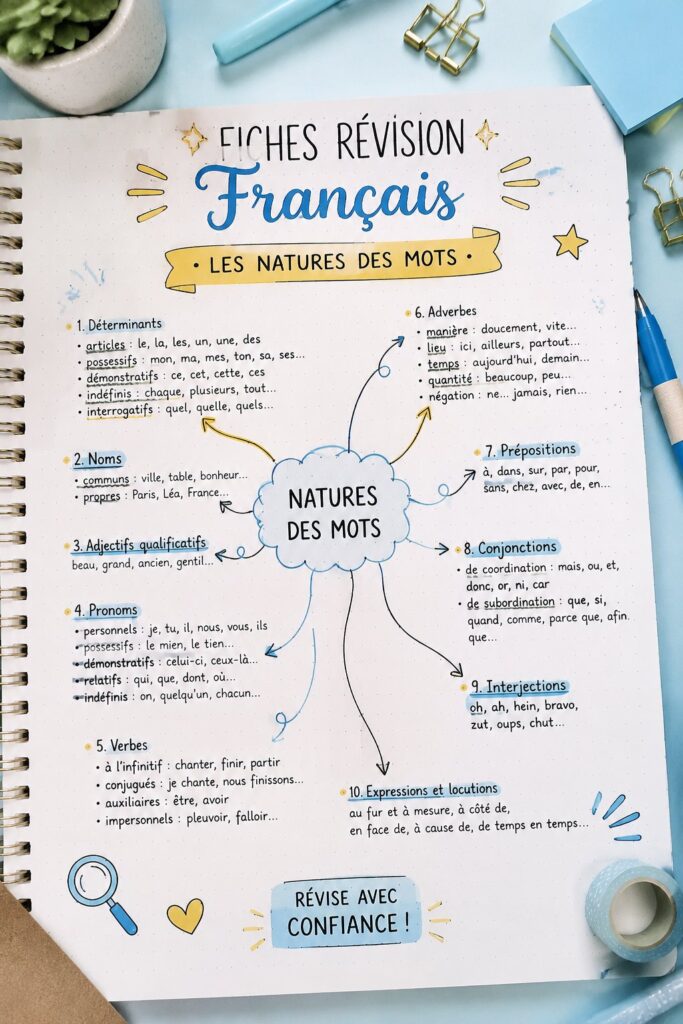Fiches de révision sur les natures des mots en français pour enfants
