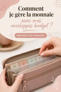 Femme souriante avec des enveloppes budget sur la table, représentant la gestion financière