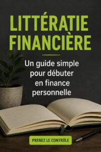 Femme souriante réfléchissant à sa gestion financière avec un carnet et un stylo.