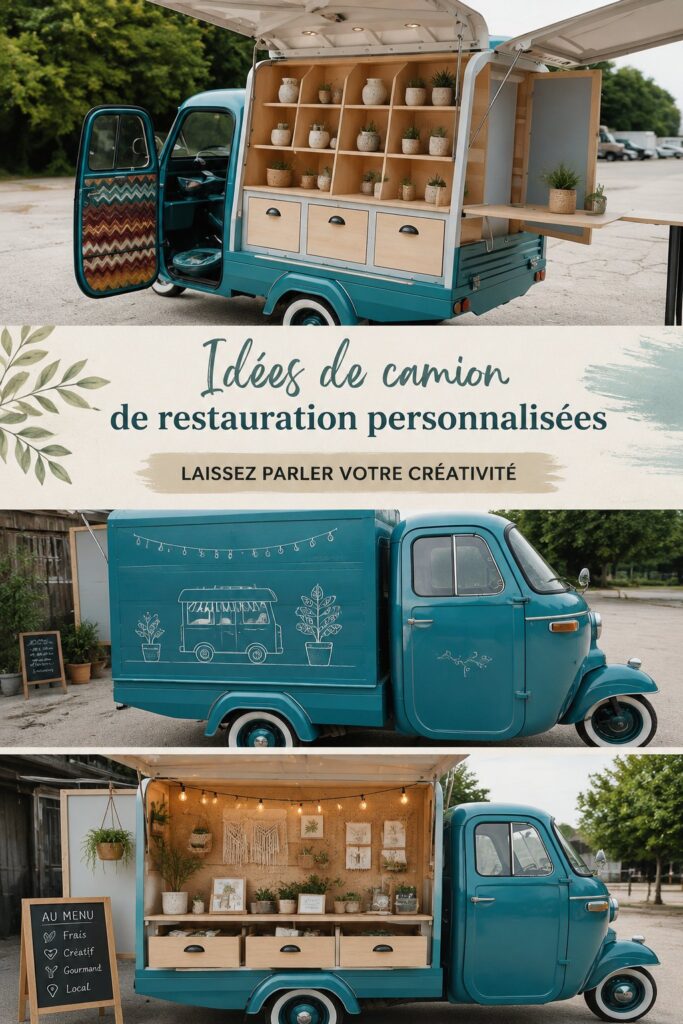 Un food truck coloré avec un design personnalisé dans un environnement animé.