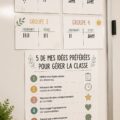 Une enseignante en classe utilisant des tableaux pour la gestion des comportements des élèves.