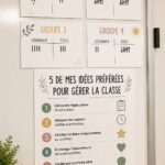 Une enseignante en classe utilisant des tableaux pour la gestion des comportements des élèves.