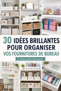 Bureau organisé avec des fournitures disposées de manière esthétique et fonctionnelle.