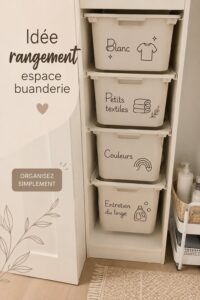 Une buanderie organisée avec des étagères et des paniers de rangement.