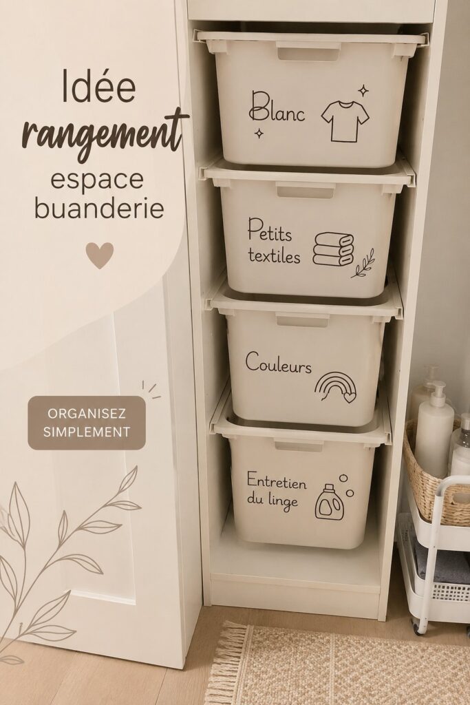 Une buanderie organisée avec des étagères et des paniers de rangement.