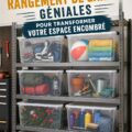 Un garage organisé avec des étagères et des bacs de rangement colorés pour un stockage efficace.