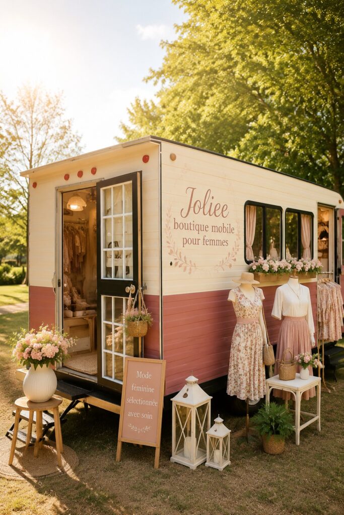 Vêtements tendance de la boutique mobile Joliee pour femmes, exposés à l'intérieur d'un van accueillant.