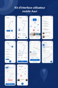 Capture d'écran du kit UI Aavi montrant plusieurs modèles d'application mobile.
