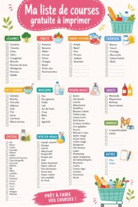 Modèle de liste de courses imprimable avec des sections pour les produits frais et les articles secs.