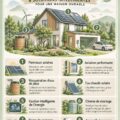 Illustration d'une maison moderne écoresponsable avec des panneaux solaires et des espaces verts, symbole des maisons à énergie zéro.