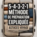 Femme appliquant la méthode 5-4-3-2-1 pour ranger ses bagages avant un voyage