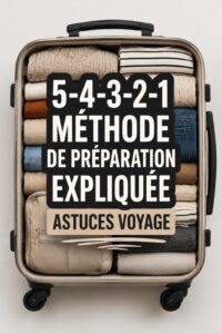 Femme appliquant la méthode 5-4-3-2-1 pour ranger ses bagages avant un voyage