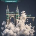 Une captures d'écran d'une ville suspendue dans Minecraft montrant des tours et des chemins en hauteur.