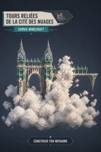 Une captures d'écran d'une ville suspendue dans Minecraft montrant des tours et des chemins en hauteur.
