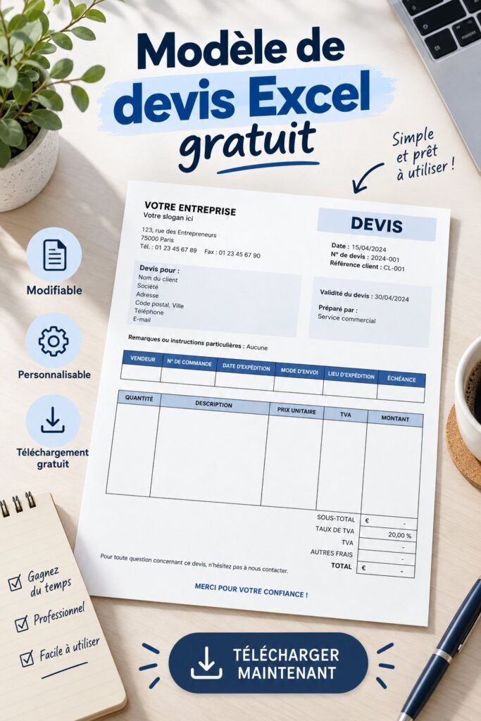 Capture d'écran d'un modèle de devis Excel gratuit pour entrepreneuses.