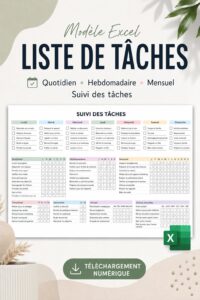 Modèle de liste de tâches Excel sur un bureau avec un ordinateur et une tasse de café
